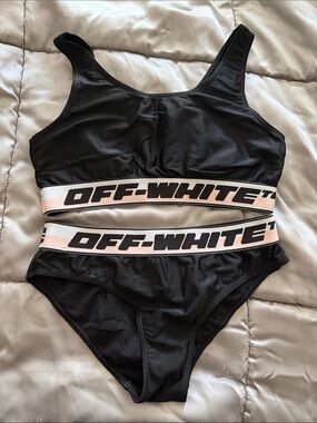 Off-White Black Two-Piece Logo Swimsuit with Pink Accent Bands
